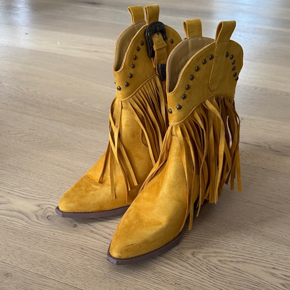 Amazon Mustard Fringe Heeled Boots